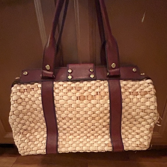 Fossil Natural Straw Brown Leather Trim Satchel Purse - Picture 3 of 15